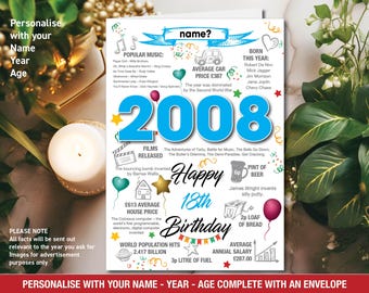 2008 18e gelukkige verjaardag gepersonaliseerde herinneringen / geboortejaar feiten wenskaart hem haar dochter zoon vriend blauw roze - 146