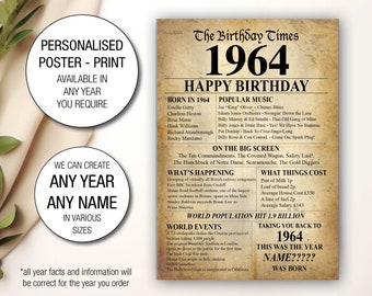 60th 1964 UK Birthday Personalised Present Gift Idea Poster Print Back In Edition Milestone Newspaper style The year you were Born UK 036