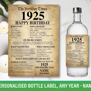1925 100° compleanno Etichetta personalizzata per bottiglia Anno di nascita Fatti per vino Gin Vodka Rum Bacardi Whiskey buon compleanno 149