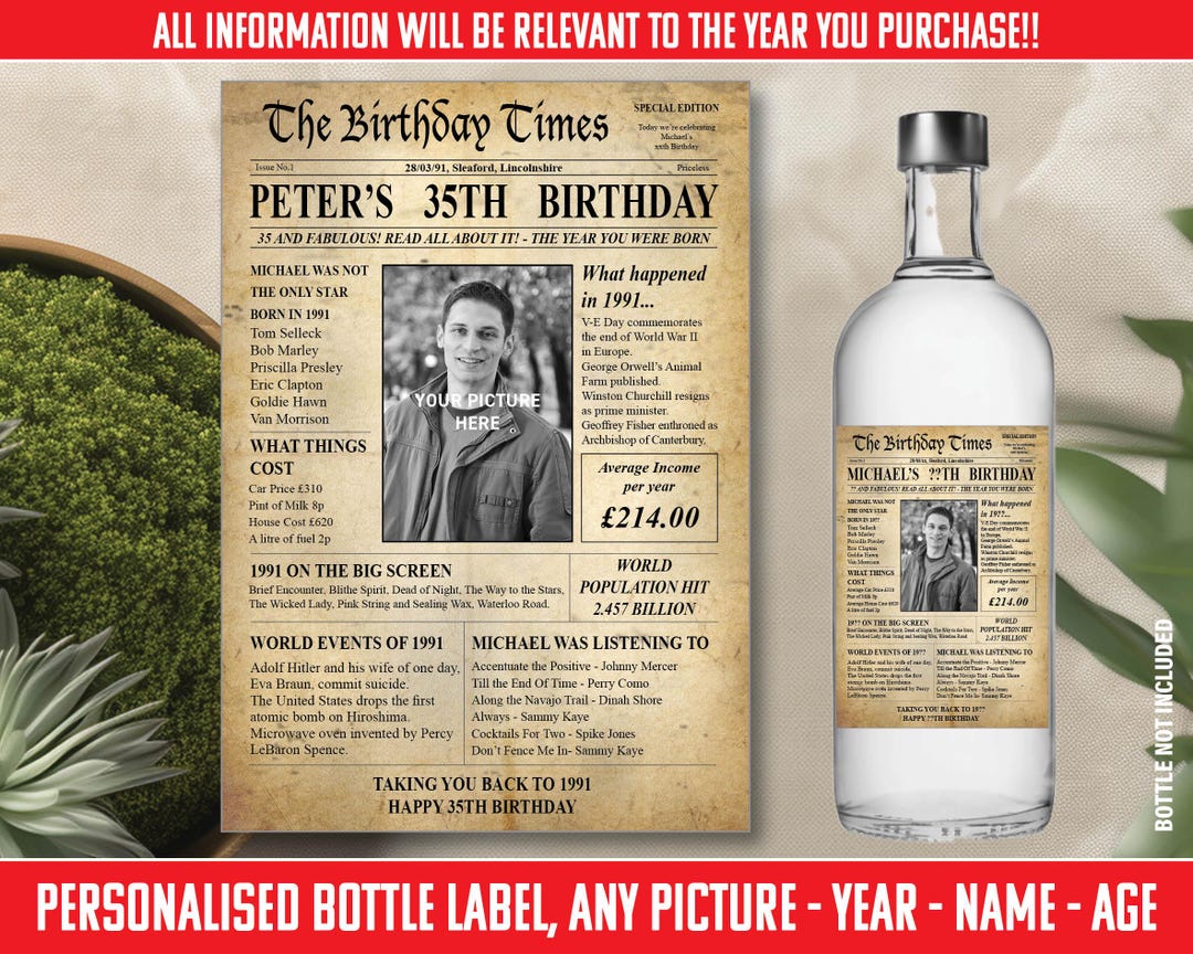 1991 35th Personalised Photo Picture UK Bottle Label Happy Birthday ...