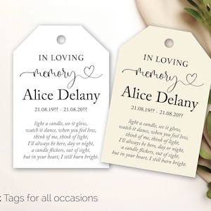Etiqueta de regalo con poema luminoso personalizado, etiqueta de recuerdo con vela conmemorativa, en memoria amorosa, celebración de la vida en el funeral, etiqueta de duelo con flor funeraria 149