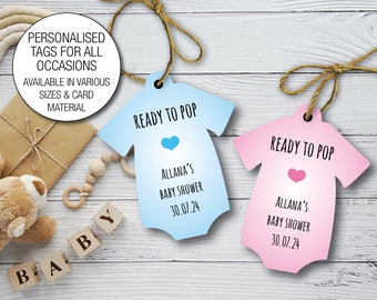 Personalised Baby Shower Favour Tags, BabyGrow Shaped Label, Hang tags, Present Champagne Bottle Bodysuit Gift Tags Baby Boy, Girl 66