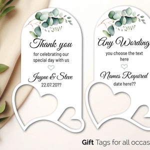 Gepersonaliseerde cadeaukaartjes bruiloft, bedankkaartjes voor het huwelijksfeest cadeaus eucalyptusbloem hangtags met lint GRATIS minitags 153 TE