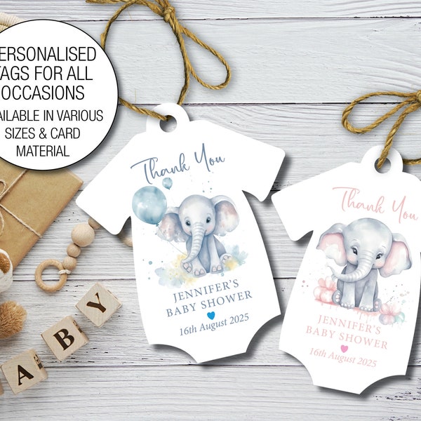 Personalised Baby Shower, Favour Tags, Baby Grow Shape Label,  Hang tags, Elephant Water Colour, Champagne Bottle, Gift Tags, Boy, Girl 47