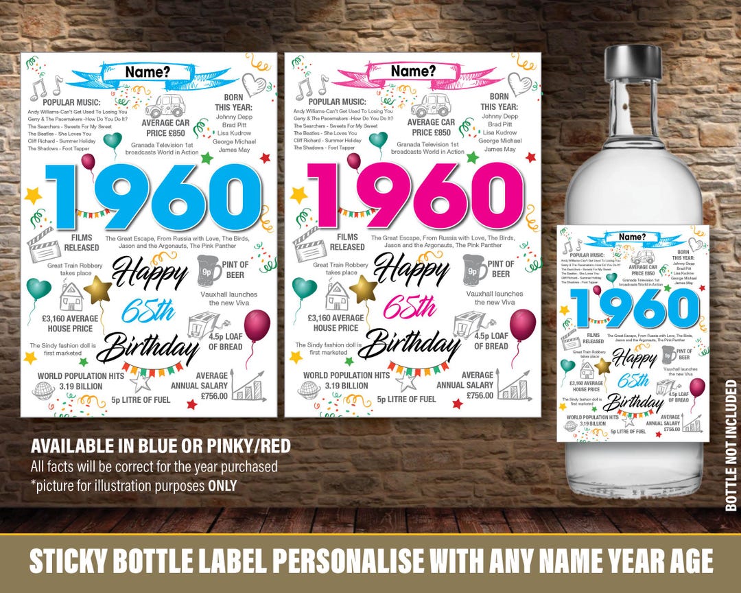 1960 65th Personalised Bottle Label Happy Birthday Year Born Facts for ...