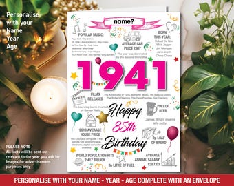 1941 85th alles Gute zum Geburtstag-personalisierte Memories/Geburts-Jahr-Fakten-Gruß-Karte Sohn-Tochter ihn ihre Mutter-Papa-146