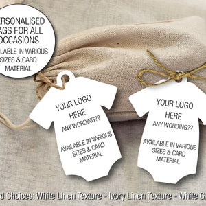 Texto personalizado / Logotipo Etiquetas de regalo personalizadas para sus productos - 3 TAMAÑOS y materiales Disponibles con Body de bebé de cuerda en forma de 049