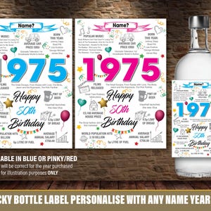 1975 50. Personalisiertes Flaschenetikett Alles Gute zum Geburtstag Jahr geboren Facts Für Wein Gin Wodka Rum Bacardi Whisky Pink oder Blau Zeitung 151