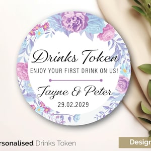 Ficha de bebida personalizada para boda en rosa y azul, fichas de recuerdo de boda personalizadas - Fichas de bar de boda Ficha de bebida gratis por nuestra cuenta Tarjeta GLOSS 237