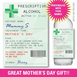 Personalised Mothers Day Prescription bottle label Sticker Gift WINE - GIN - VODKA Fun gift idea for Mum Mummy Mom Gran Nan Nanna 163