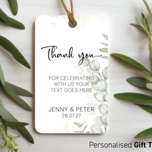 Moderne Danke Eukalyptus Aquarell Hochzeitsbevorzugungsgeschenkanhänger, personalisierte Hochzeitstags, Hochzeitsgeschenk Champagnerflasche Geschenkbevorzugung 219
