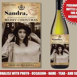 Kerst Gepersonaliseerde foto Misdaden Foto wijn gin wodka fles label Merry Christmas true 19 crime geïnspireerd Secret Santa Xmas Party 207