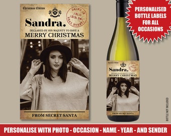 Christmas Personalised Photo Crimes Picture wine gin vodka bottle label Merry Christmas true 19 crime inspired Secret Santa Xmas Party 207