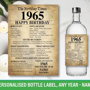 1965 60e Gepersonaliseerd flesetiket verjaardag Geboortejaar Facts For Wine Gin Vodka Rum Bacardi Whisky gelukkige verjaardag 149