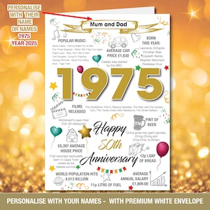 Tarjeta de felicitación personalizada para el 50.º aniversario de bodas de oro de 1975 en el Reino Unido Recuerdos Datos del año de nacimiento Mamá Papá Él Ella Amigo Nan Abuelo 197