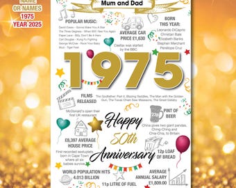 1975 50th Personalised Golden Gold Wedding UK Anniversary Greeting Card Memories Birth Year Facts Mum Dad Him Her Friend Nan Grandad 197