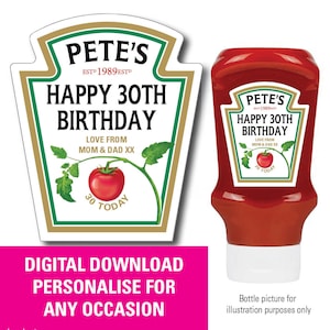 Download digital Imprima em casa, divertido, personalizado, rótulo de garrafa de ketchup com paródia de tomate, molho vermelho perfeito para aniversário, casamento, batizado 142