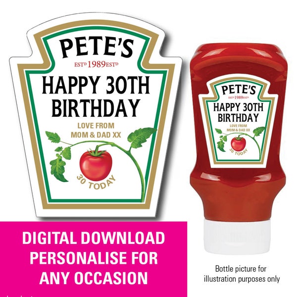 Digital download Print at home fun Personalised Tomato Spoof ketchup bottle label, Perfect Birthday Wedding Christening Red Sauce 142