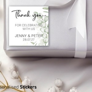 Adesivos personalizados de agradecimento modernos de eucalipto para lembrancinhas de casamento, adesivos para lembrancinhas de convidados, adesivos para presente de casamento com design em aquarela 07