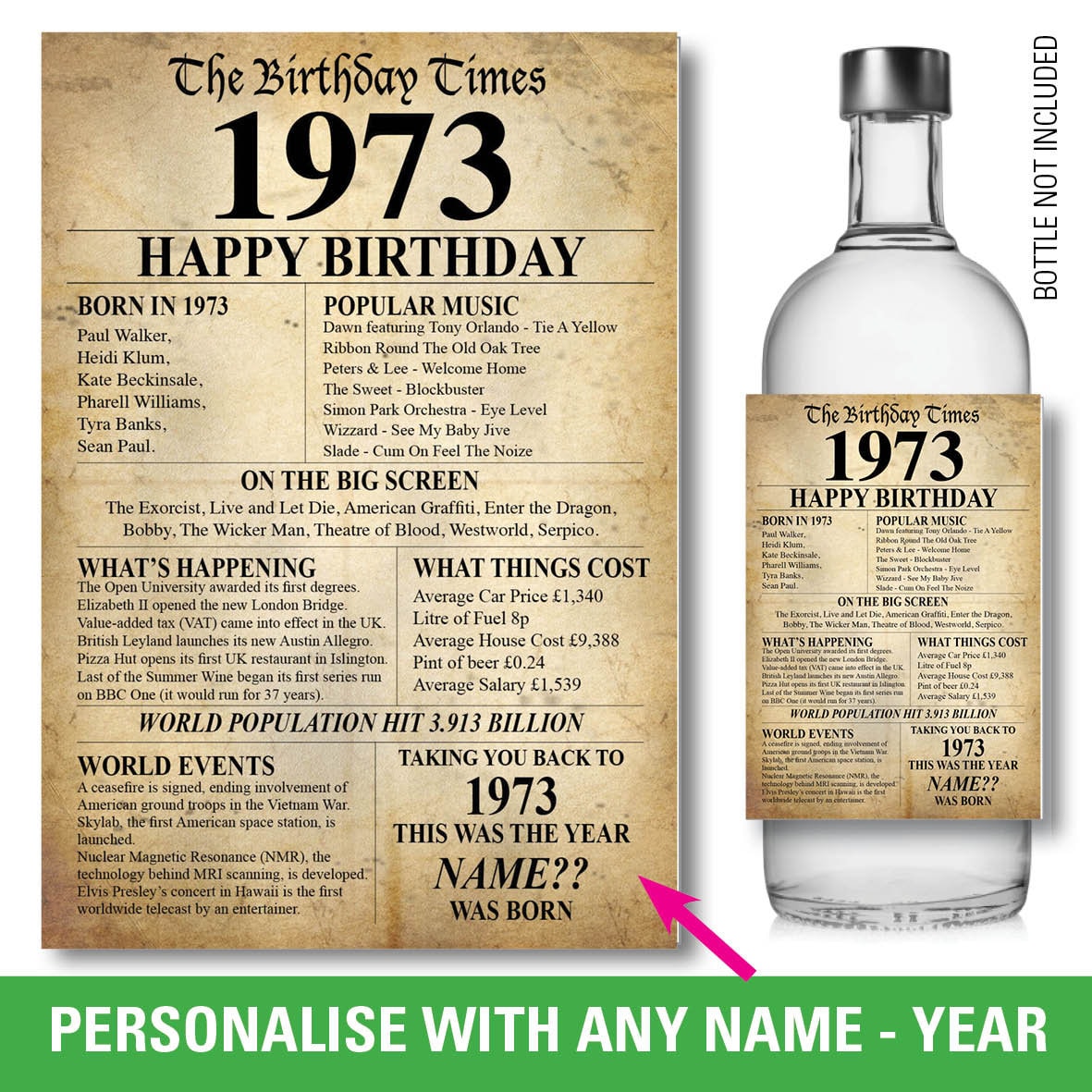 1973 50th Personalised Bottle Label Sticker Birthday Year Born 