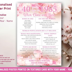 40º aniversário de 1985, presente personalizado do Reino Unido, ideia de presente, pôster, impressão, flores rosa, o ano em que você nasceu, Reino Unido, A4 ou A3 038
