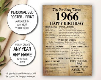60th 1966 UK Birthday Personalised Present Gift Idea Poster Print Back In Edition Milestone Newspaper style The year you were Born UK 036