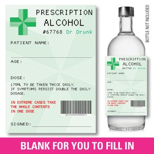Blank Christmas Prescription ALCOHOL WINE GIN bottle label Sticker - Christmas gift - Secret Santa - Birthday - Wedding -Novelty 137