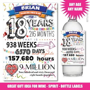 18th, 21st, 30th Personalised Birthday, Funny Wine Gin Whiskey Bottle Label Vodka Rum Bacardi  happy Birthday years seconds minutes 162