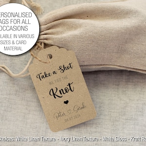 Hang Tags Take a Shot, We tied the Knot, Personalised Wedding Favour Gift Drink Tags with Twine 3 Sizes Available 4 materials available  76