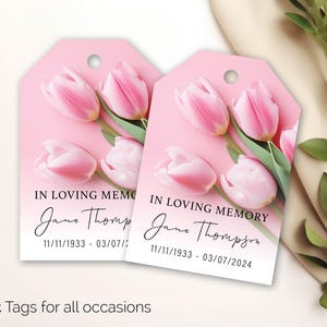 Etiqueta de regalo personalizada conmemorativa de tulipán rosa, etiqueta de recuerdo de vela, en memoria amorosa, celebración de la vida, etiquetas de duelo con flores funerarias 156