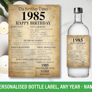 1985 40th Personalised bottle label birthday Year born Facts For Wine Gin Vodka Rum Bacardi Whiskey happy Birthday  149