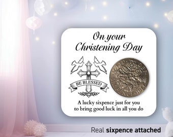 Croce benedetta, regalo per il giorno del battesimo, moneta da sei pence portafortuna, ricordo personalizzato per il battesimo di un bambino o una bambina, regalo di benedizione per un figlio o una figlia.