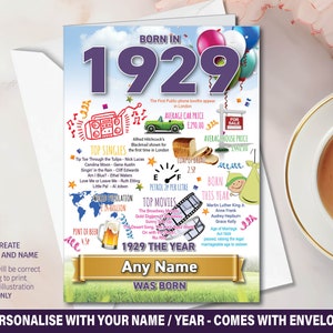 1929 95th UK Happy Birthday Personalised Memories / Birth Year Facts Milestone Mum Dad Son Daughter Friend Greeting Card News Facts - 199