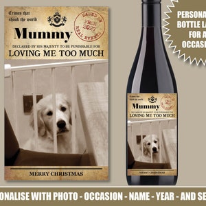 Kerst gepersonaliseerde huisdierfoto hond foto wijn gin wodka fles label Merry Christmas true 19 crime geïnspireerd Schattig hondenliefhebber 231