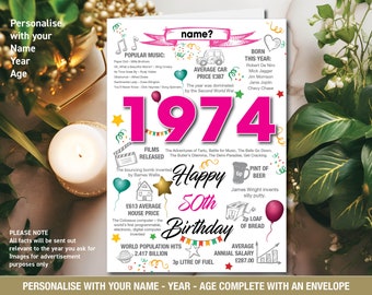 1974 50th Happy Birthday Personalised Memories / Birth Year Facts Greeting Card son daughter him her mum dad Newspaper blue or pink 146