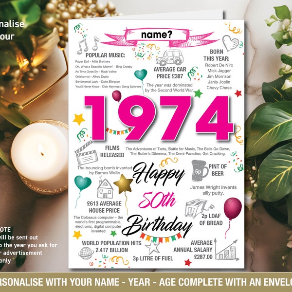 1974 50th Happy Birthday Personalised Memories / Birth Year Facts Greeting Card son daughter him her mum dad Newspaper blue or pink 146