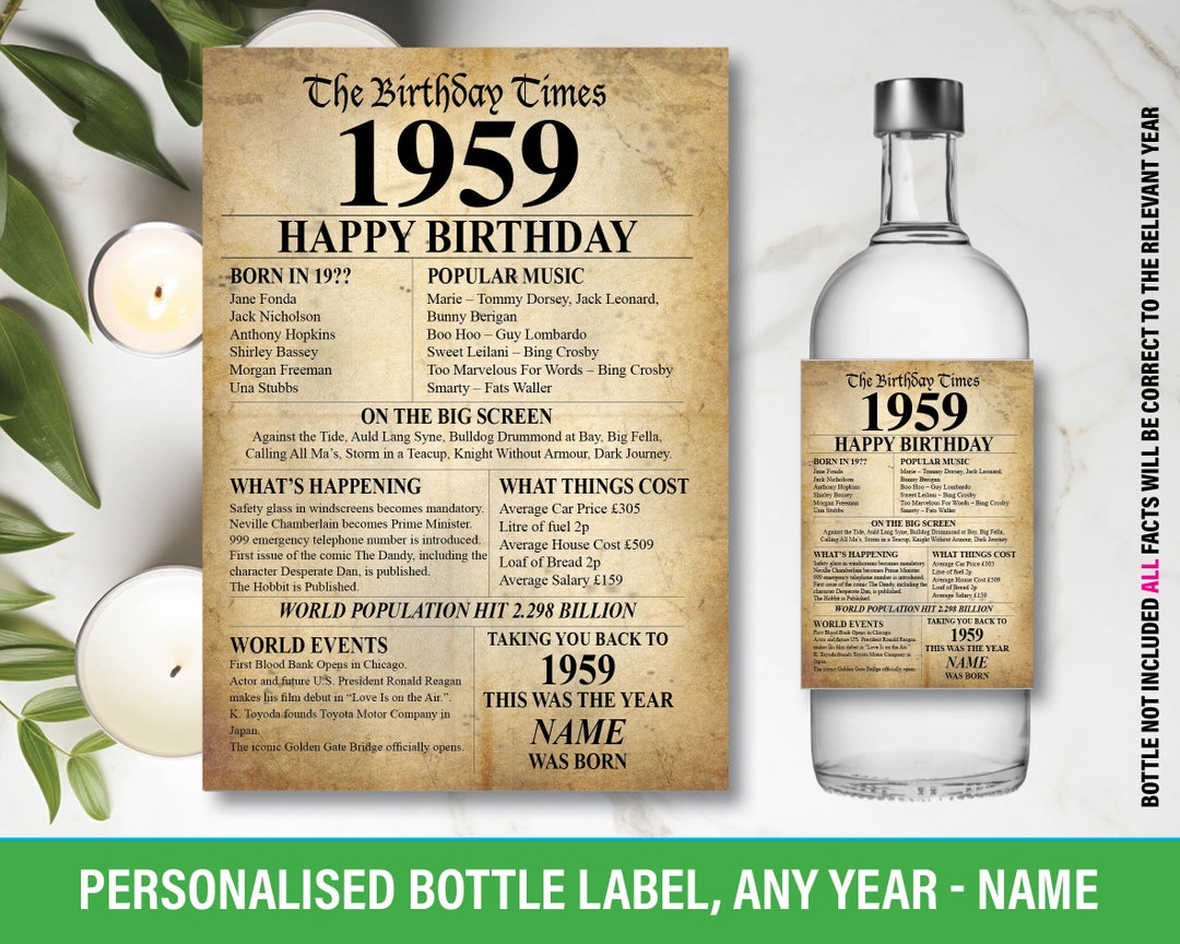 1959 65th Personalised Bottle Label UK Birthday Year Born Facts for ...