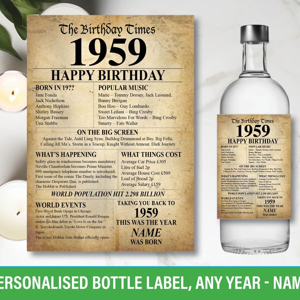 1959, 65e anniversaire, étiquette de bouteille personnalisée, année de naissance, faits pour le vin, gin, vodka, rhum, whisky Bacardi, joyeux anniversaire 149