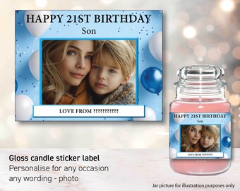 Personalised Birthday Photo Candle Gift label | Bespoke Label | Son dad Grandad 18th 21st 60th Gift jar Label Soy Wax Yankee Inspired  95