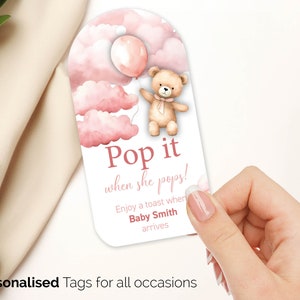 18 étiquettes personnalisées pour baby shower, pop it when she pop, ours bohème rose pour fille ours en peluche, cadeau de remerciement champagne, étiquette cadeau personnalisée 214