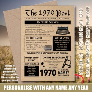Cartão de aniversário personalizado reciclado de 1970, memórias do ano, fatos do Reino Unido, cartão de felicitações, mãe, pai, ele, filho, filha, amigo, notícias 156