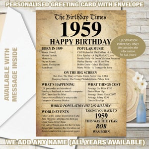 1959 65th Happy Birthday Personalised Memories / Birth Year Facts GREETING CARD Mum dad Sister Son Vintage effect - 140