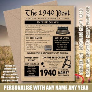 Cartão de aniversário personalizado reciclado de 1940, memórias do ano, fatos do Reino Unido, cartão de felicitações, mãe, pai, ele, filho, filha, amigo, notícias 156