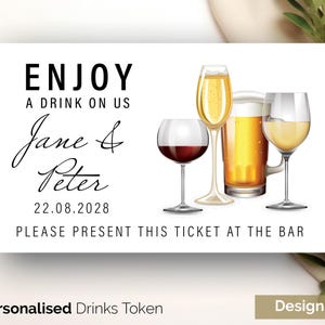 Regalo personalizado de bebida de barra libre. Ficha de bebidas para bodas. Fichas de recuerdo de boda personalizadas. Fichas de barra de boda. Ficha de bebida gratis. Tarjeta GLOSS 238