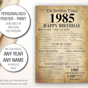 40e 1985 anniversaire cadeau personnalisé idée cadeau affiche impression retour édition style journal l'année de votre naissance Royaume-Uni 036