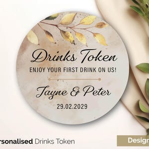 Ficha de bebida de boda personalizada con hoja de oro, fichas de recuerdo de boda personalizadas - Fichas de bar de boda Ficha de bebida gratis por nuestra cuenta Tarjeta GLOSS 237