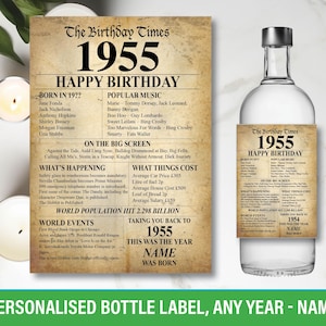 1955 70° compleanno Etichetta personalizzata per bottiglia nel Regno Unito Anno di nascita Fatti Vino Gin Vodka Rum Bacardi Whiskey Buon compleanno (opzione file digitale) 149