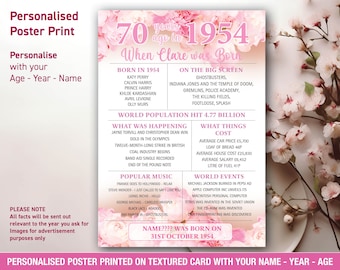 70th 1954 Birthday Personalised Present Gift Idea Poster Print Pink Flowers The year you were Born UK A4 or A3 038