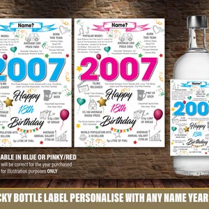 2007 18 Etiqueta de botella personalizada Feliz cumpleaños Año de nacimiento Datos para Vino Ginebra Vodka Ron Bacardi Whisky Periódico rosa o azul 151