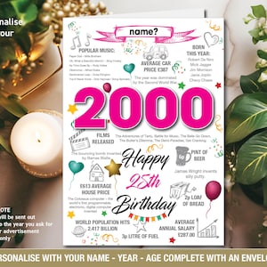 2000 25e joyeux anniversaire, souvenirs personnalisés / informations sur l'année de naissance, carte de voeux maman, papa, lui, fils, fille, amie - 146